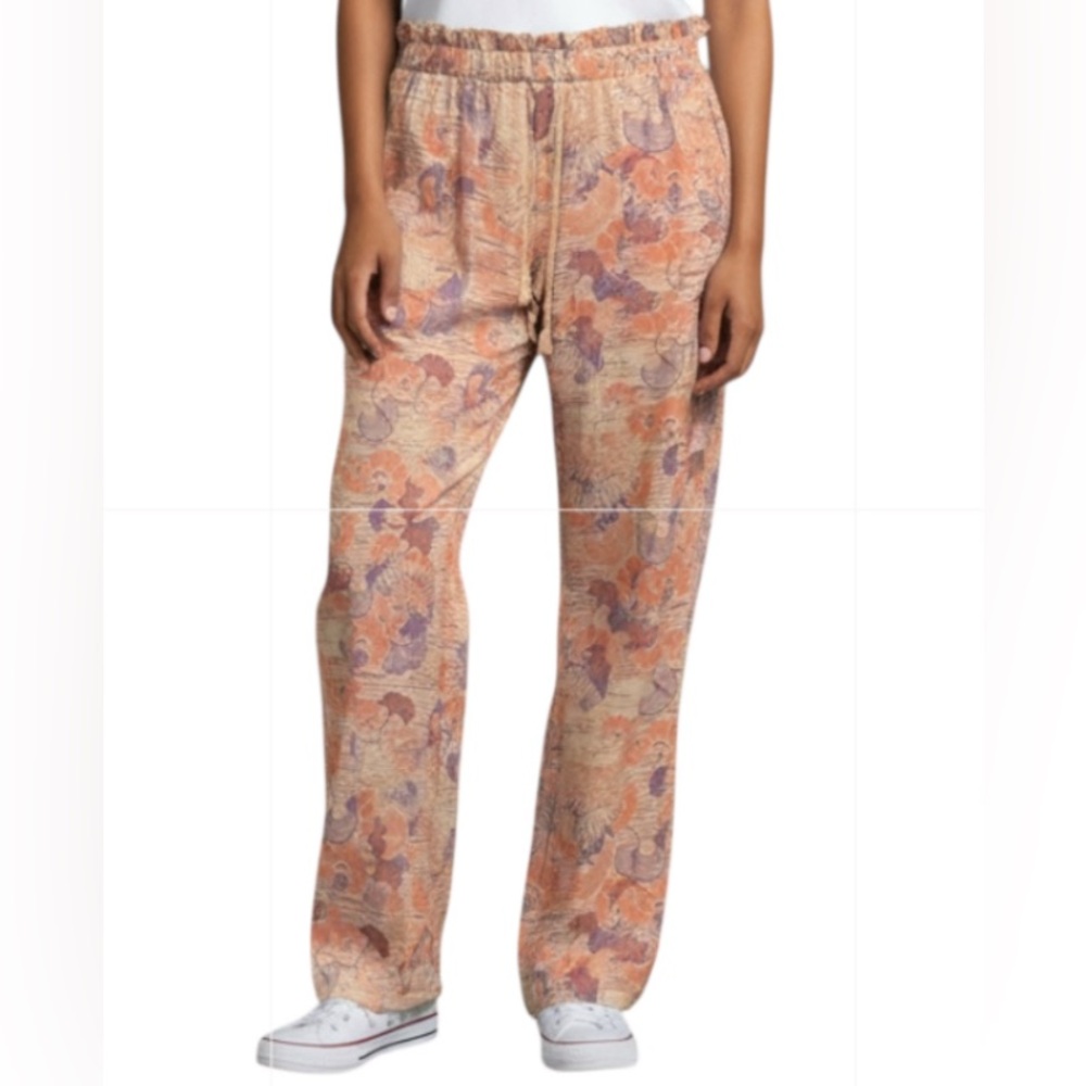 Roxy Wide Leg floral print cargo Flax Linen Drawstring Relaxed Fit pants M EUC
